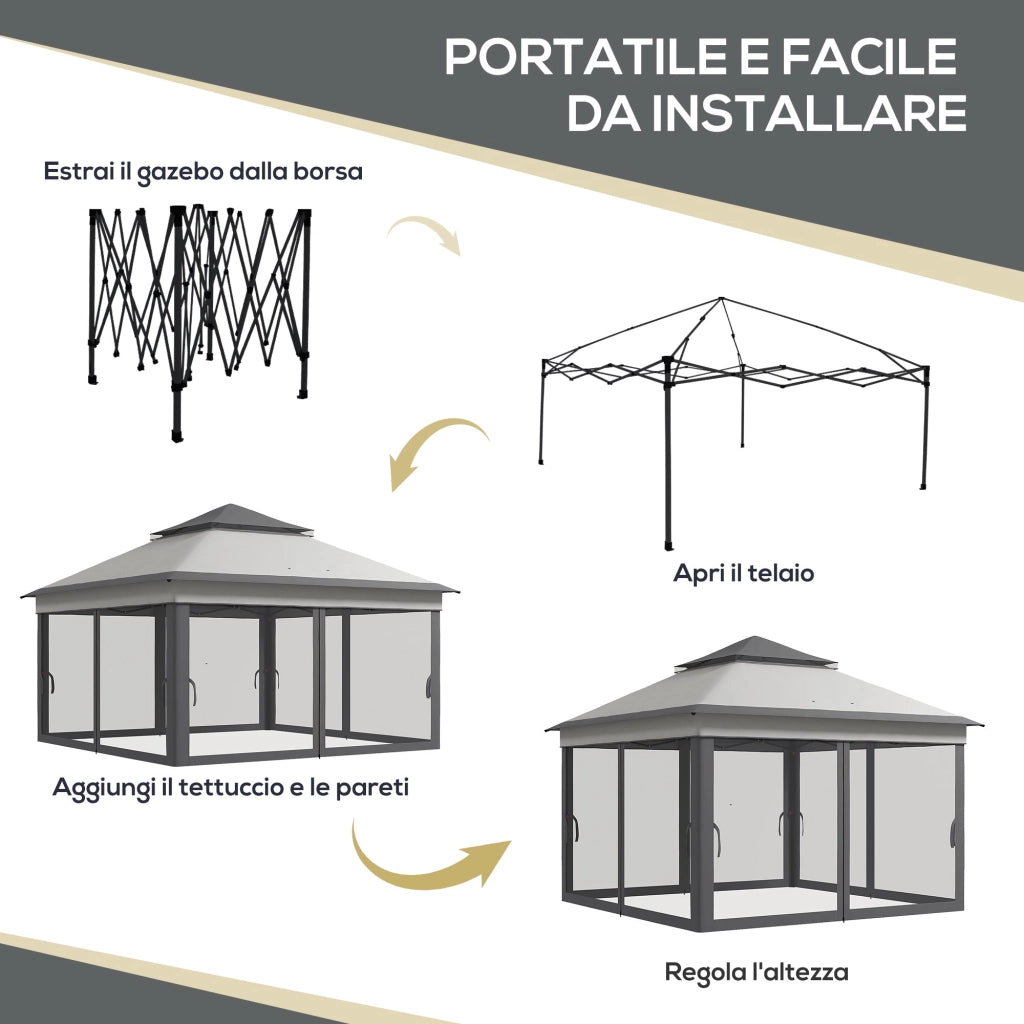 Gazebo da Giardino 326x326x272 cm Altezza Regolabile e Zanzariere Grigio Chiaro e Scuro