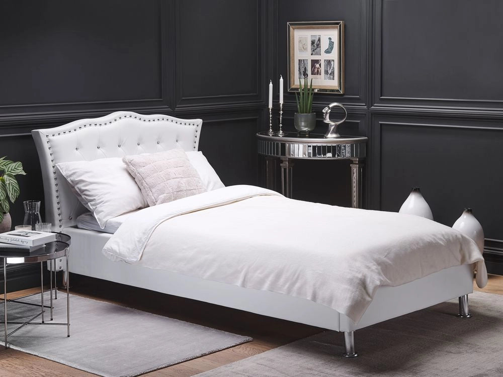 Letto singolo in ecopelle bianca con struttura imbottita da 90 x 200 cm con rifiniture per la testa dei chiodi contenitore