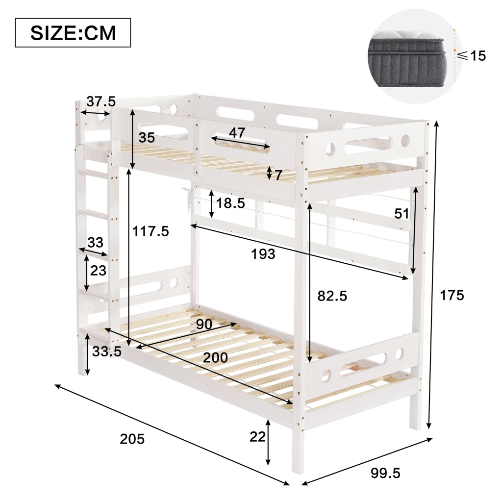 LETTO a castello 90x200 cm Bianco/Naturale in legno massello e MDF