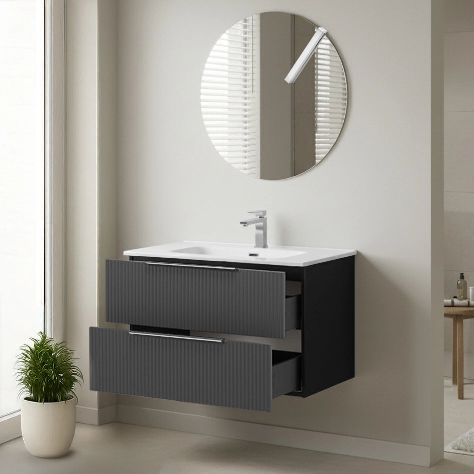Mobile bagno sospeso 100 cm bicolore grigio cannettato e nero con lavabo e specchio Zena