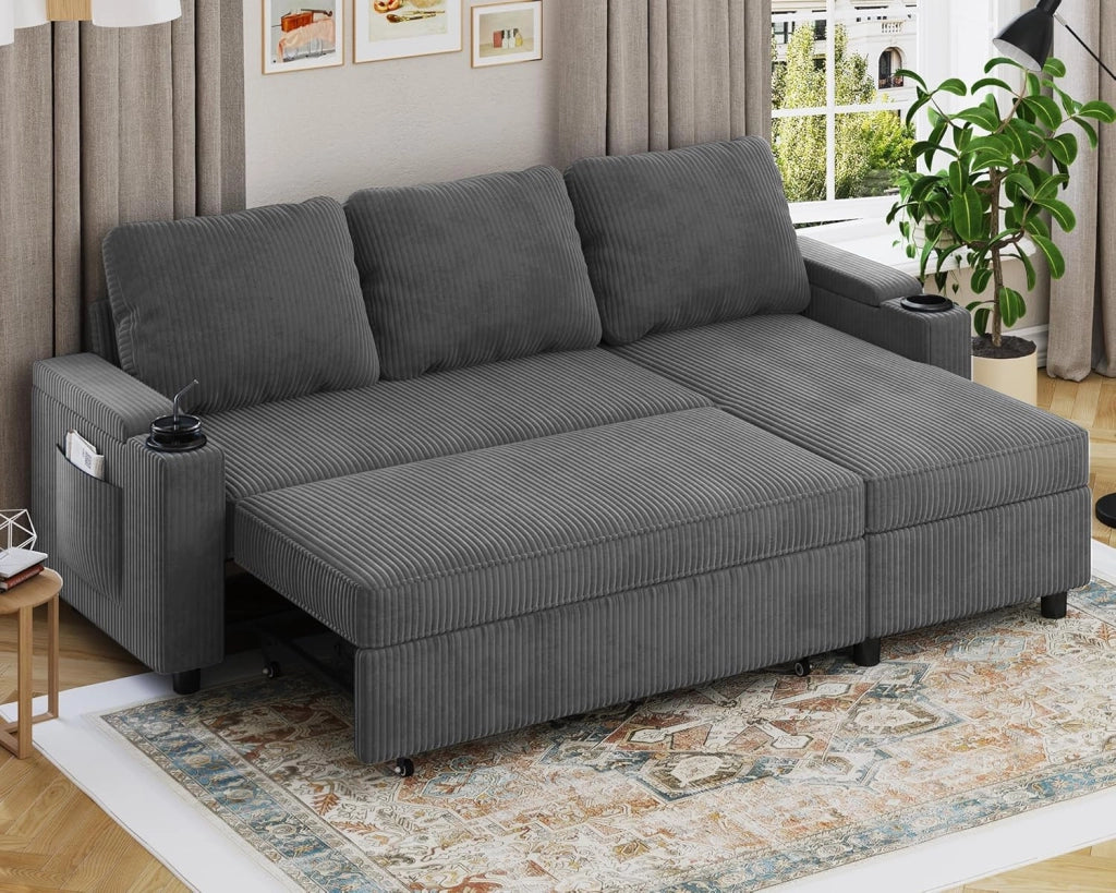 Divano Letto Chaise Longue a Forma di L, Divano da Salotto Cheslong a 3 Posti Convertibile in Letto, con Contenitore Integrato e Portabicchieri, Tessuto Morbido Beige Grigio Scuro
