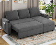 Divano Letto Chaise Longue a Forma di L, Divano da Salotto Cheslong a 3 Posti Convertibile in Letto, con Contenitore Integrato e Portabicchieri, Tessuto Morbido Beige Grigio Scuro