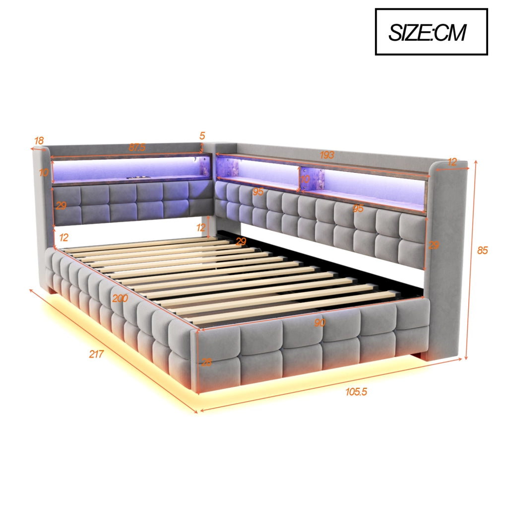 Divano letto imbottito 90x200 cm con contenitore idraulico; LED; USB e Type-C; grigio chiaro