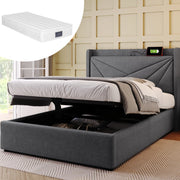Letto singolo 90x200 cm grigio con contenitore, USB-C e materasso