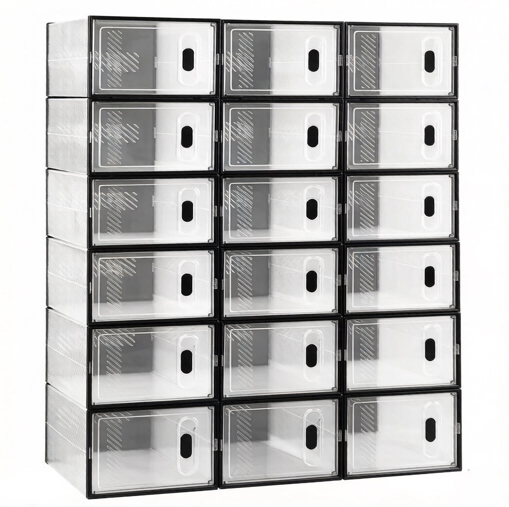 Set 18 scatole per scarpe ULEVR impilabili 25x18,5x35,5 cm in plastica trasparente e nera