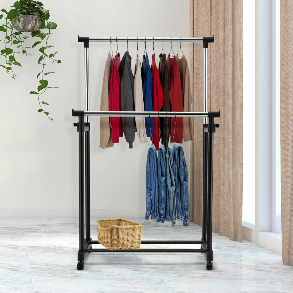 Appendiabiti doppio di metallo con ruote regolabile 86x43x94-168cm