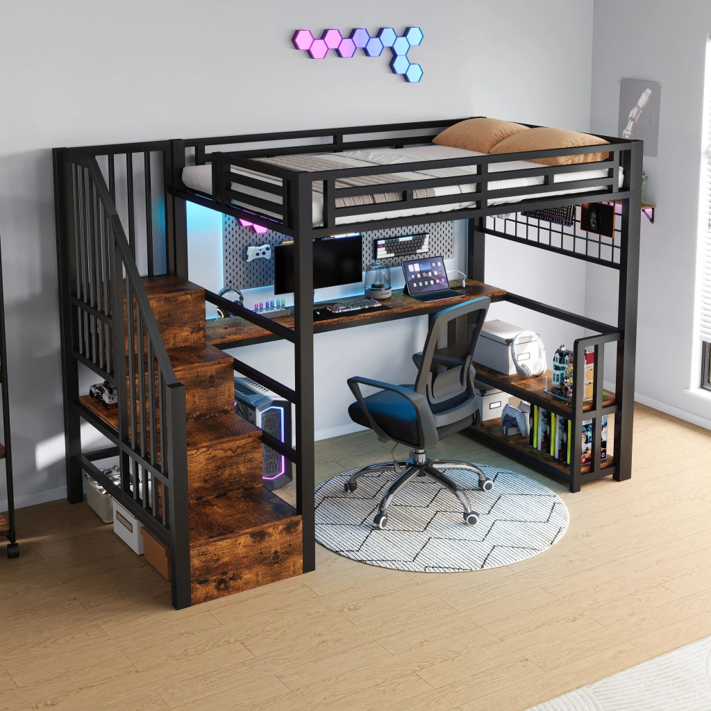 Letto a castello con scrivania LED USB 90x200 metallo nero