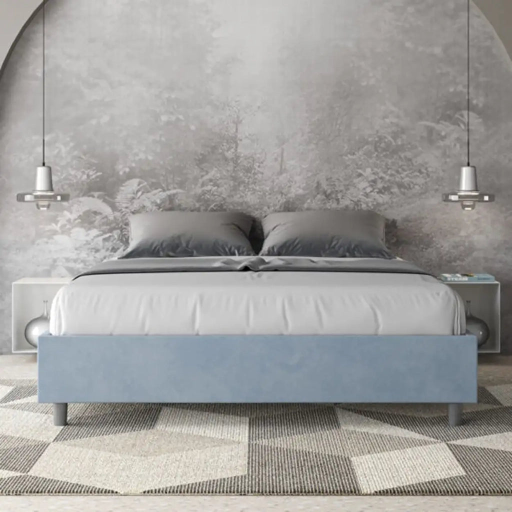 Letto matrimoniale con rete imbottito 160x190 microfibra azzurro Azelia