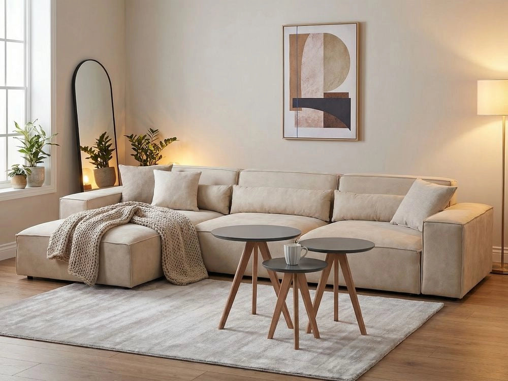 Nido di 3 tavoli con base per treppiede in legno chiaro con piano grigio in stile scandinavo