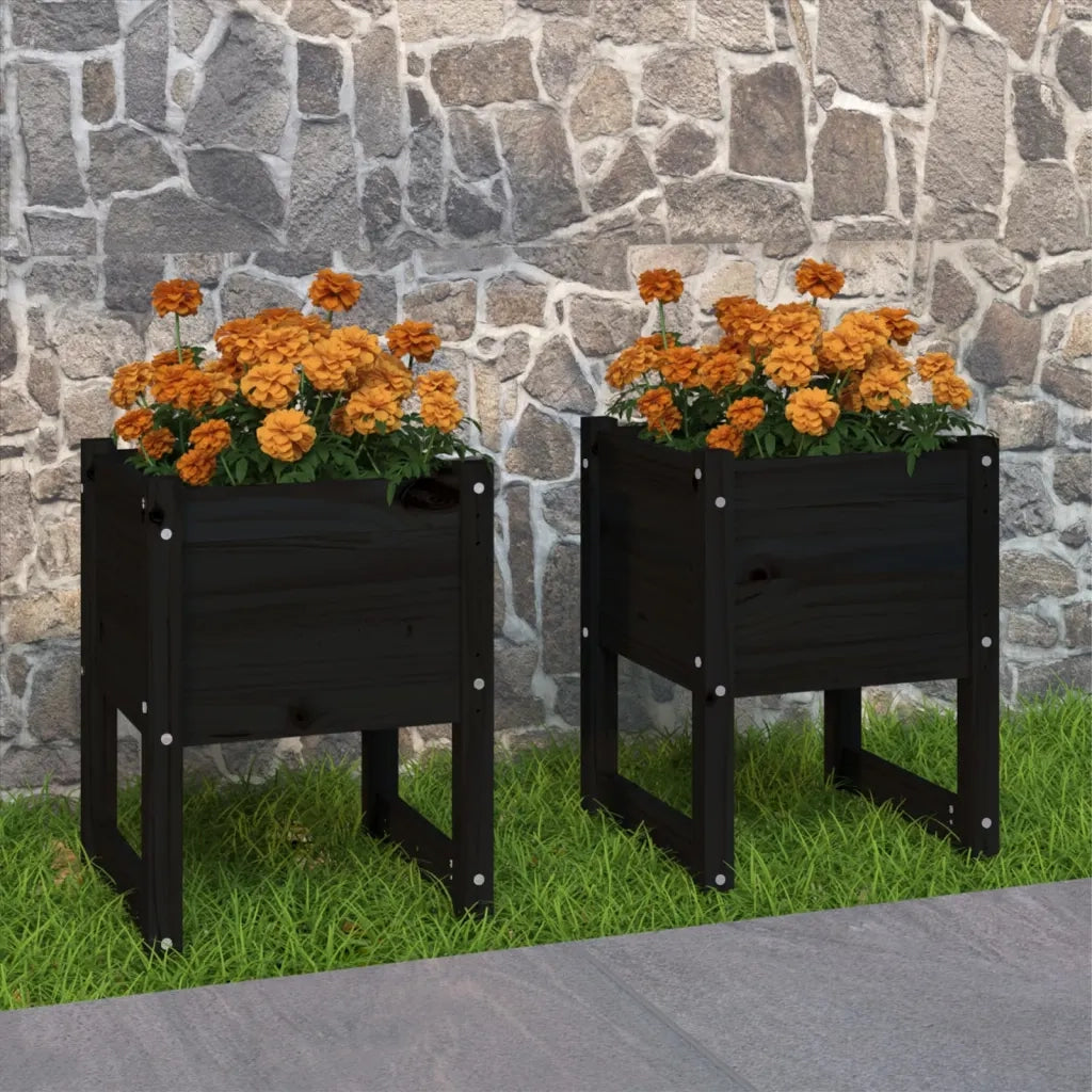 Fioriere 2 pz Nero 40x40x52,5 cm in Legno Massello di Pino 822116
