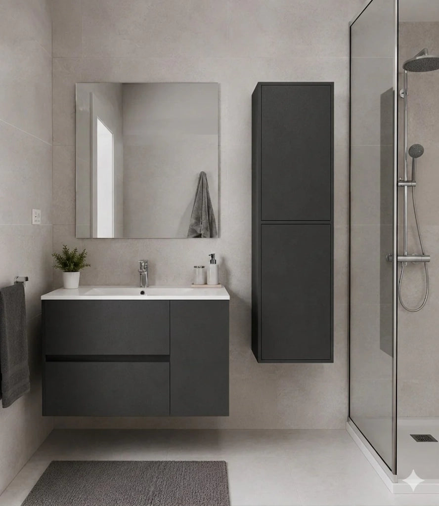 Mobile Bagno HEIMDALL Già Montato 2 cassetti e porta, lavabo e specchio Grafite 80x40 cm con colonna