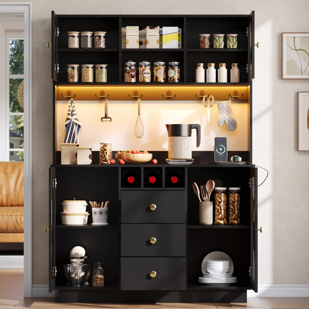 Credenza alta da cucina con LED RGB e prese; 120x40x170 cm; nera in MDF
