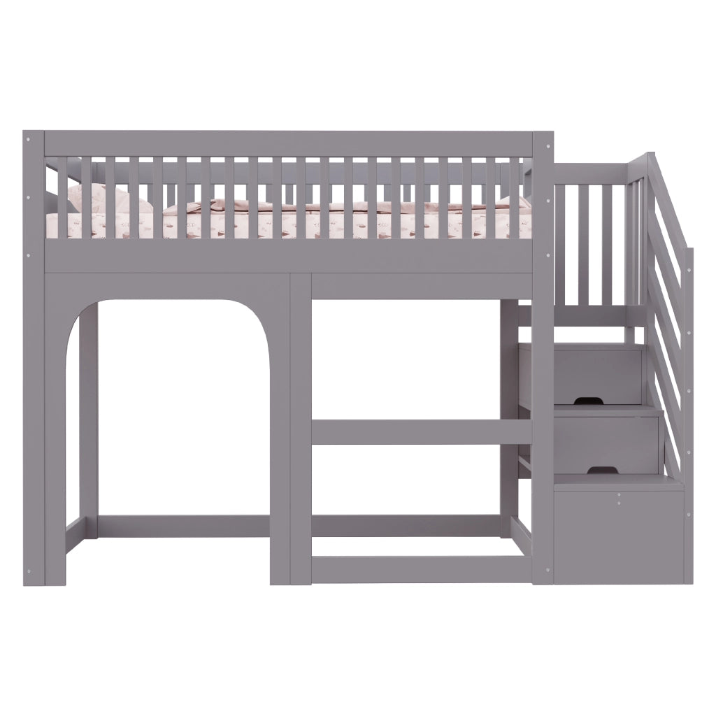 Letto a soppalco per bambini 90x200 cm in legno grigio con scala contenitore e LED