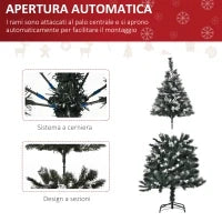 Albero di Natale Innevato 150cm con Bacche Decorative Bianche, Base Rimovibile Pieghevole, 378 Rami, Verde