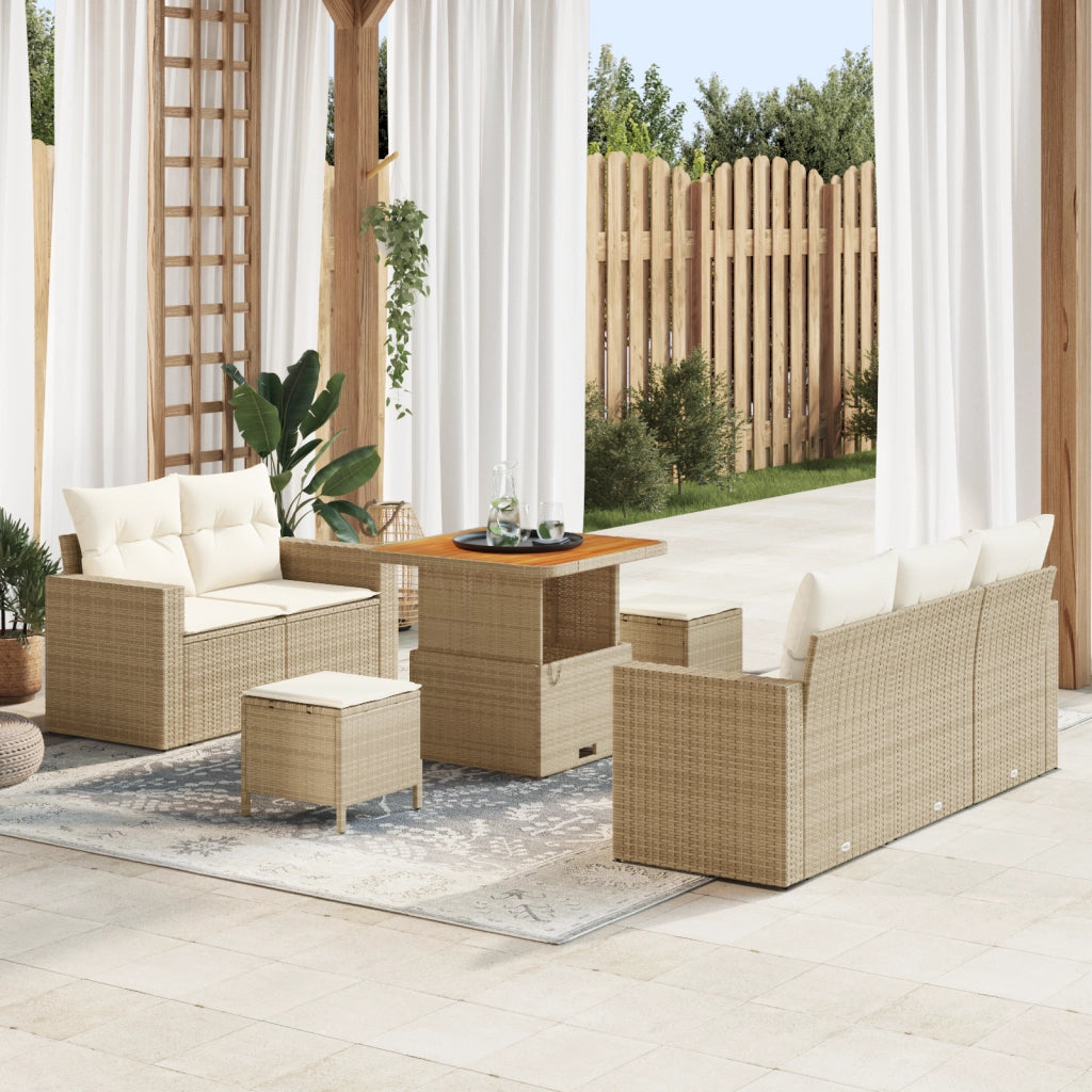 Set Divano da Giardino 8 Pezzi con Cuscini Rattan Beige Acacia