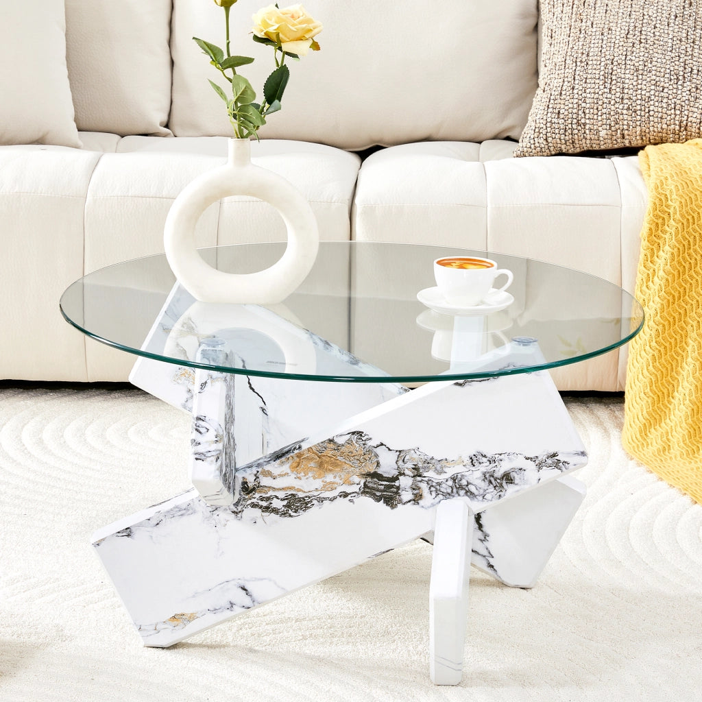 TAVOLO DA CAFFÈ ROTONDO 79 cm MDF E VETRO TRASPARENTE BIANCO