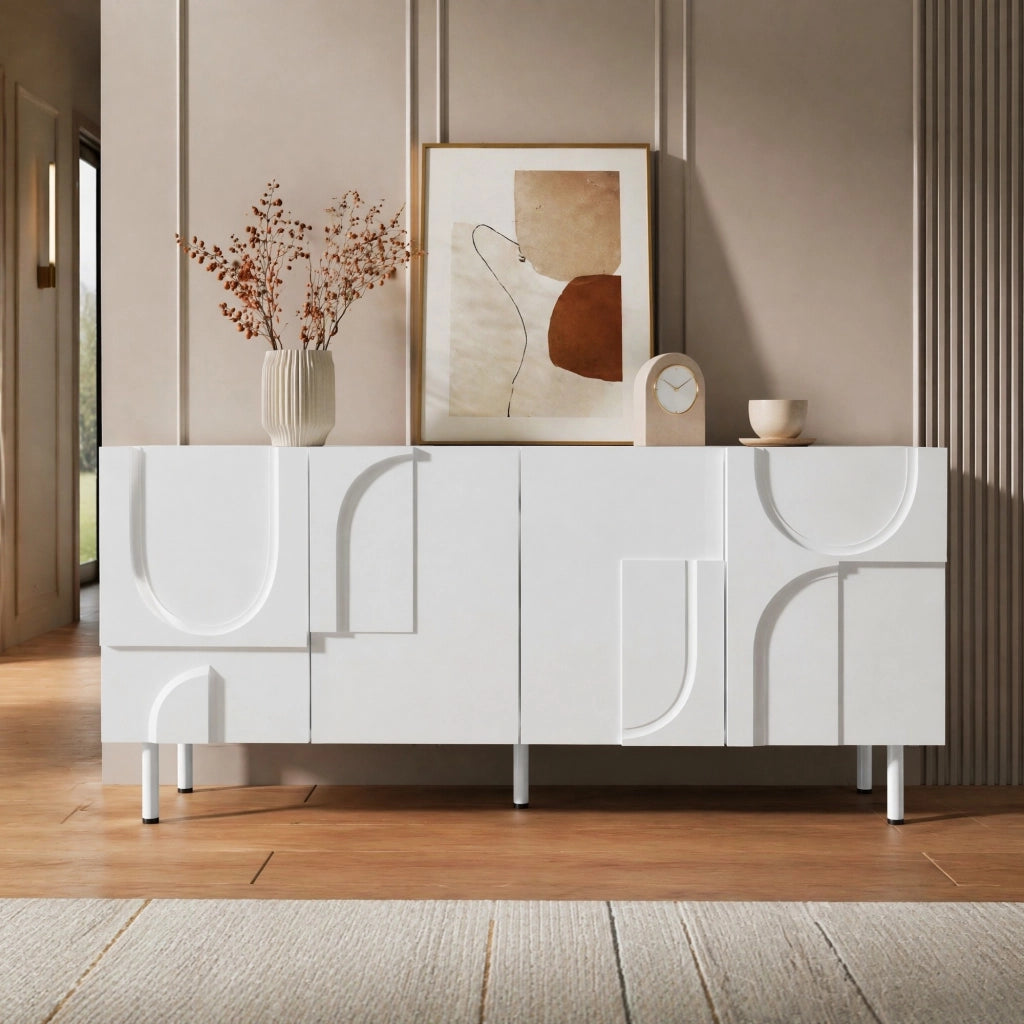 Credenza geometrica con ante a chiusura silenziosa in MDF e PB bianca per sala da pranzo 160 × 38,5 × 70 cm