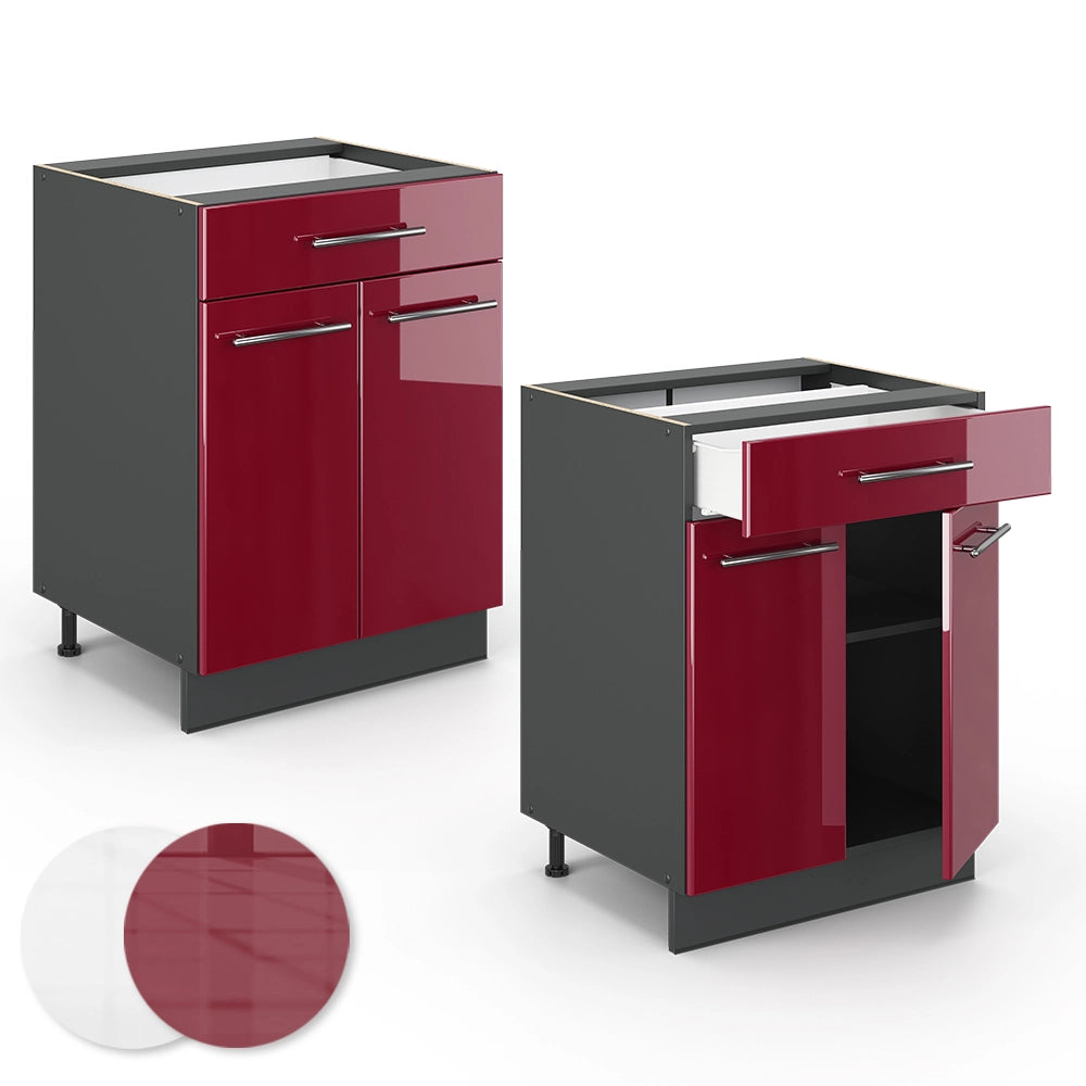 Vicco Mobiletto base per cucina Rosso bordeaux lucido 60 cm con cassetto, senza piano di lavoro