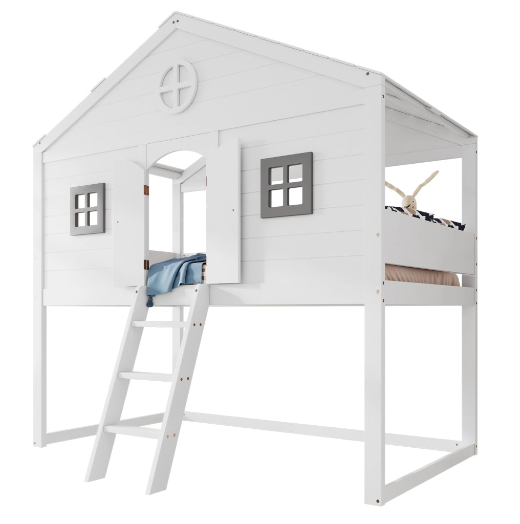 Letto a soppalco 90x200 cm con scala e protezioni; finestre grigie bianco e grigio