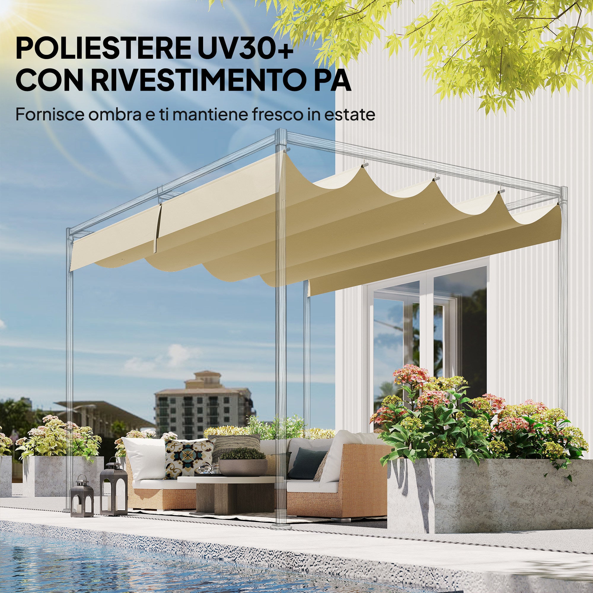 Telo Pergola per Esterni 392x350 cm Anti UV con 8 Fori di Drenaggio in Poliestere Beige