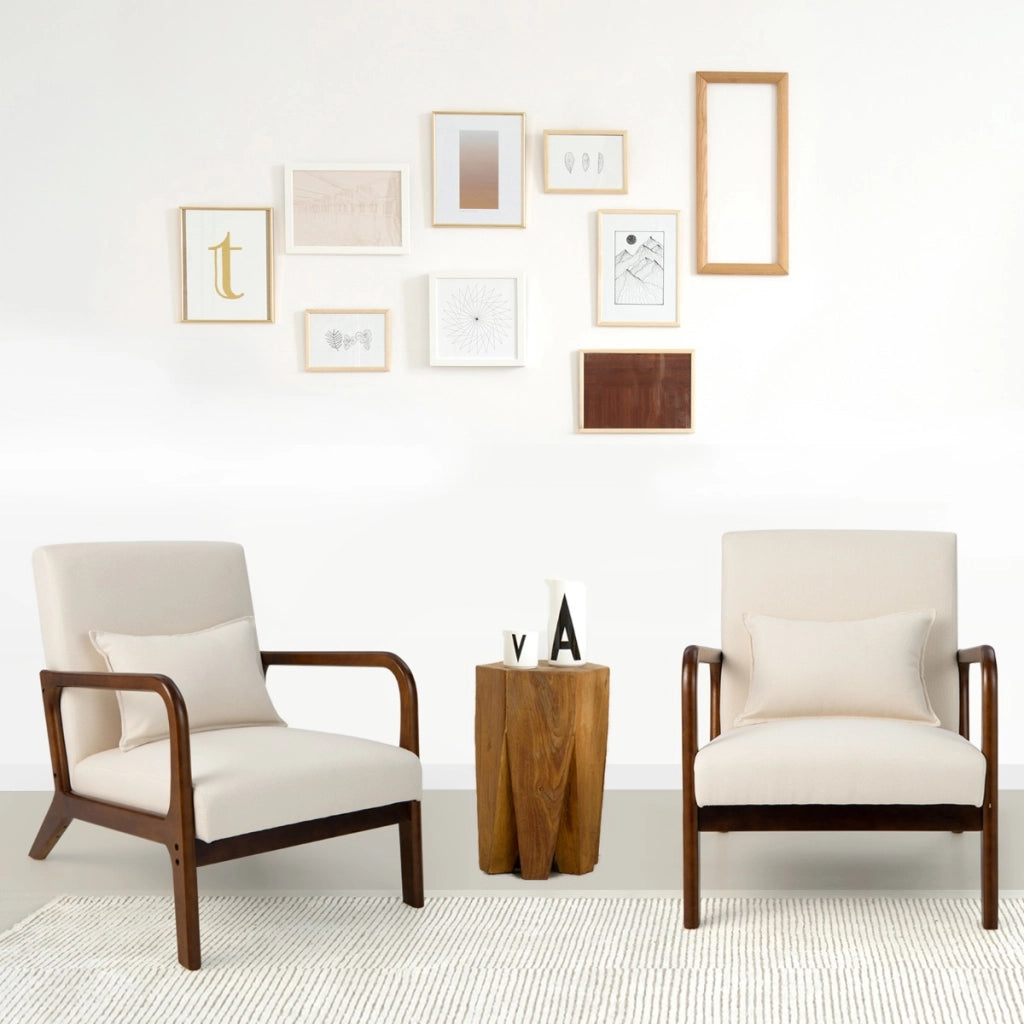 Poltrona imbottita con cuscino lombare e telaio in legno di gomma-Sedia lounge con piedini antiscivolo Beige