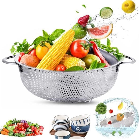 Zecla di acciaio inossidabile, setaccio per cucina con maniglie, diametro 28 cm, setaccio per cucina in acciaio inossidabile, setaccio con maniglie, setaccio metallico per cucina, setaccio per cucina, setaccio per verdure, riso e verdure