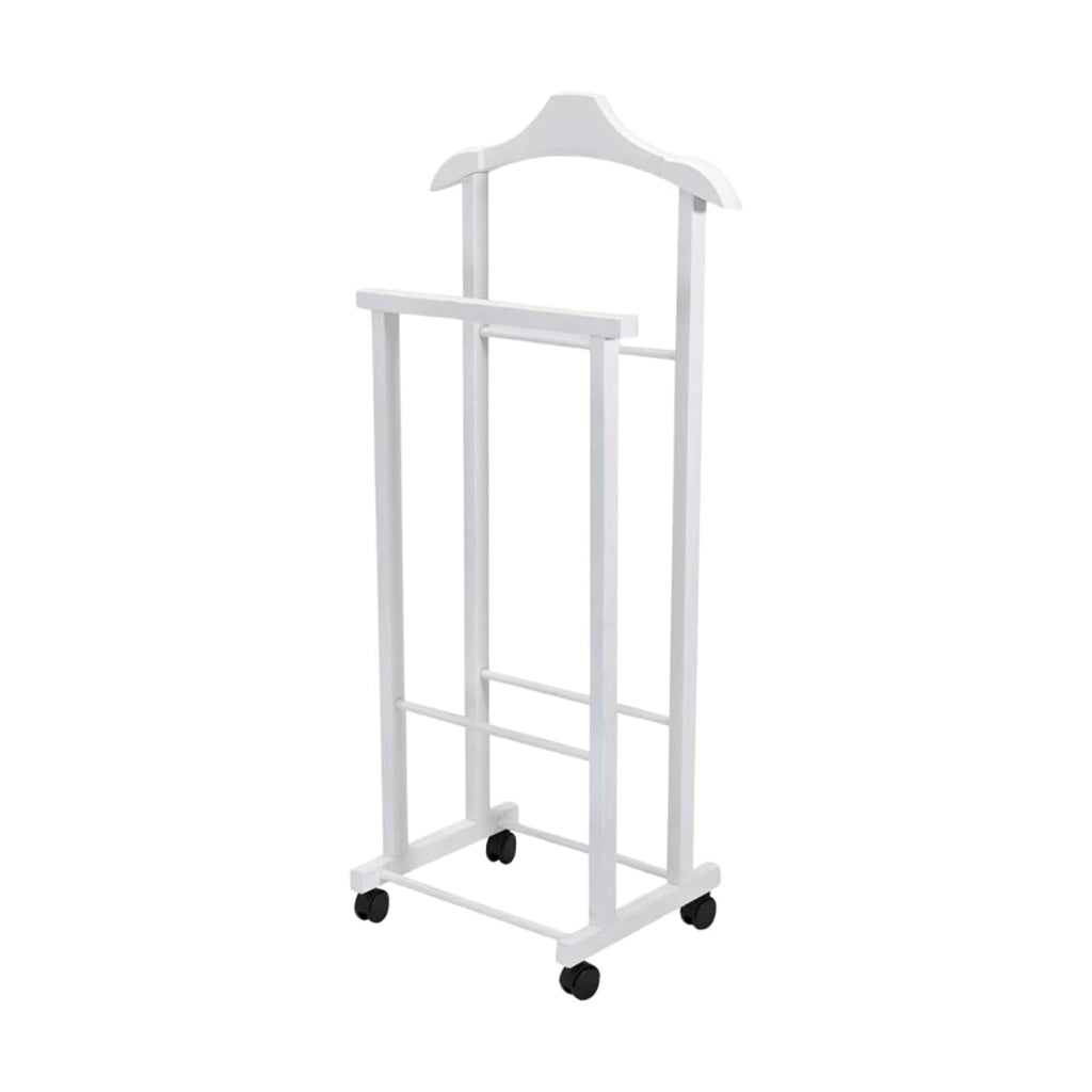 OWIJI Indossatore Appendiabiti Legno Faggio Rotelle Servo Muto Doppio Dimensioni 45 x 30 x 95 cm Appendiabiti Vestiti Camera Letto Cabina Armadio Unità: 1 Unità, Colore: Bianco