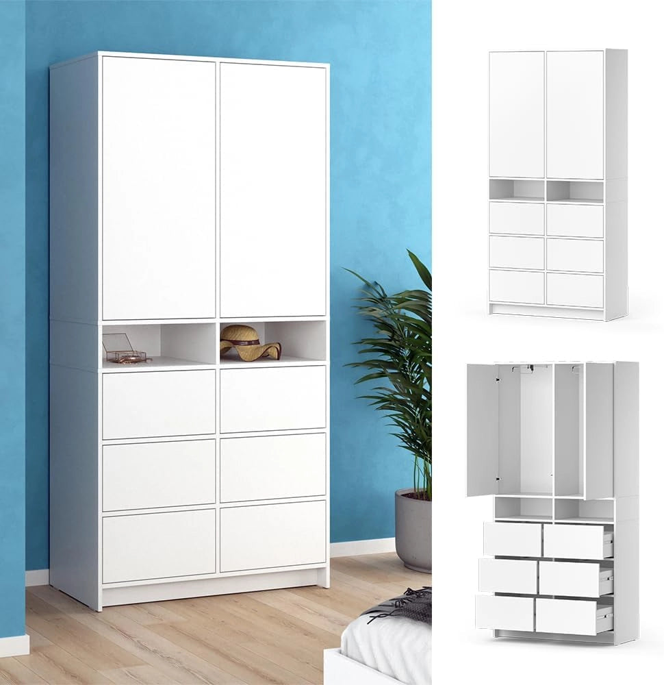 Armadio Naara, Bianco, 98.6 x 200 cm con cassetti