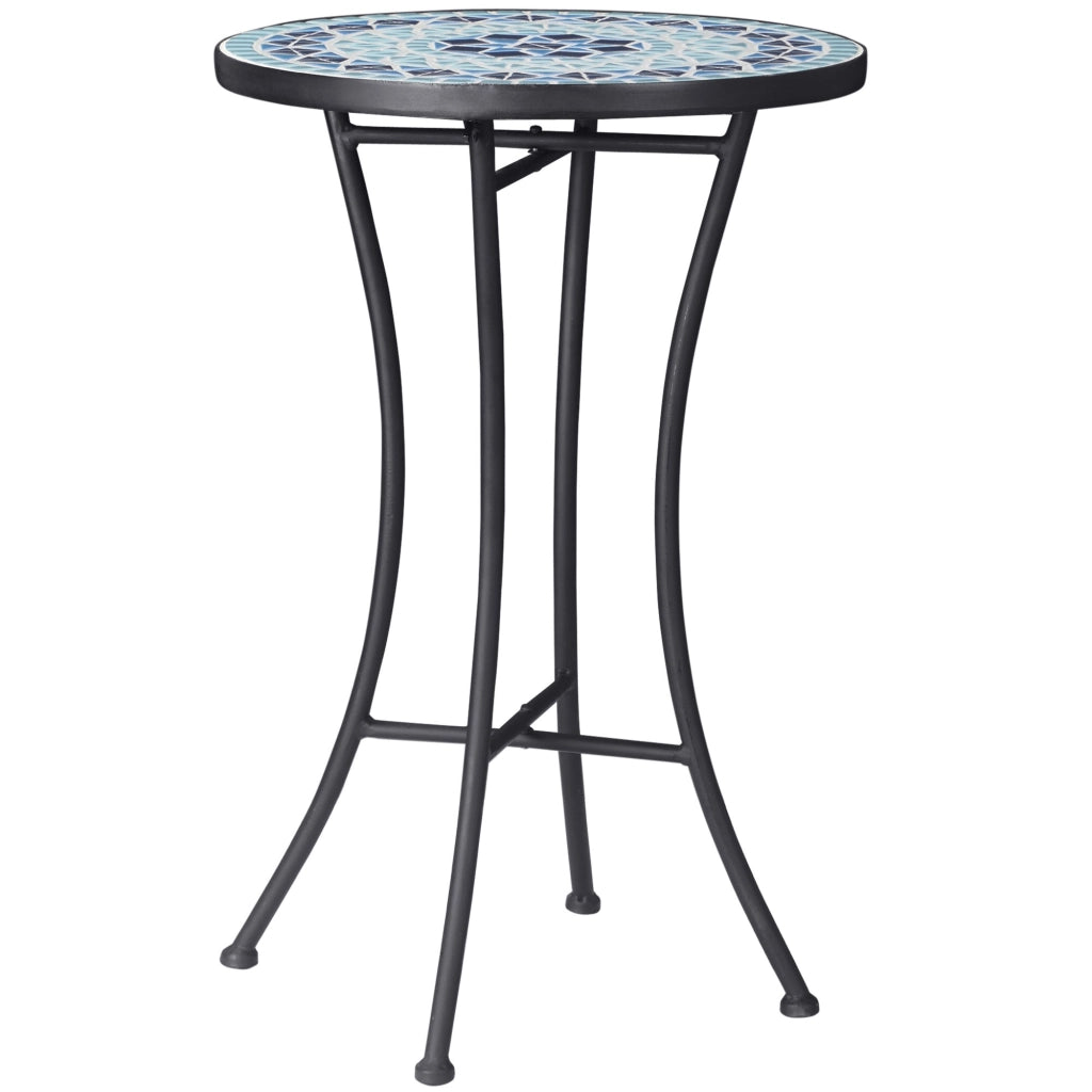 Easycomfort Tavolino da Giardino Rotondo in Metallo con Piano in Ceramica, Design a Mosaico, Ф35.5x53.5cm, Blu