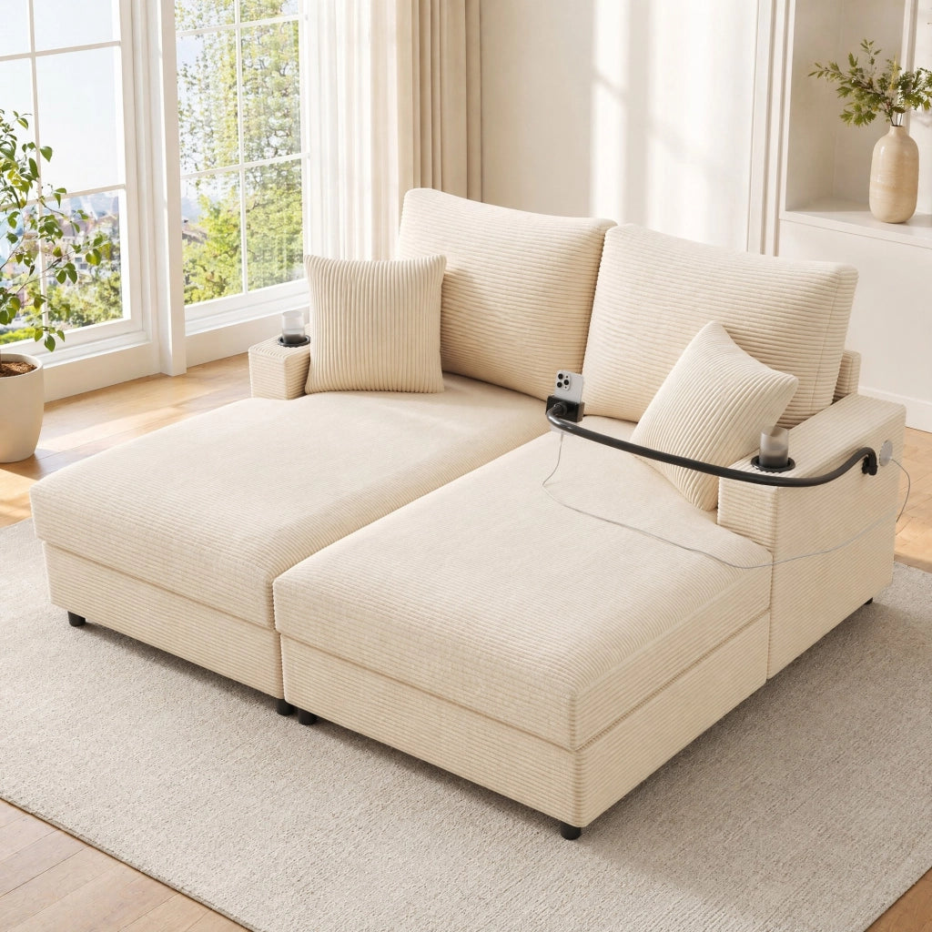 DIVANO Relax 163x140x82 cm in velluto a coste beige, 2 posti