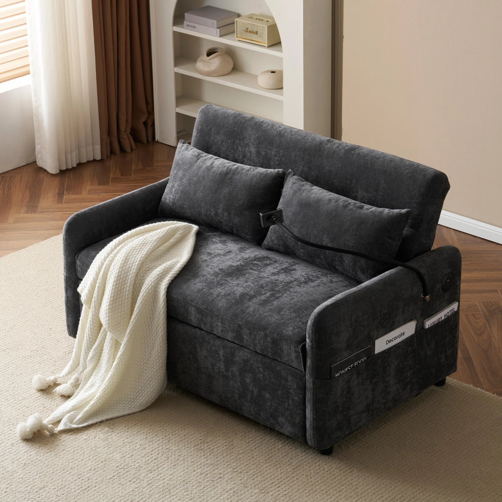 Divano Letto 2 Posti con Schienale Regolabile, USB, Supporto per Telefono e Tasche Laterali, in Ciniglia Grigio 129 × 76 × 81 cm
