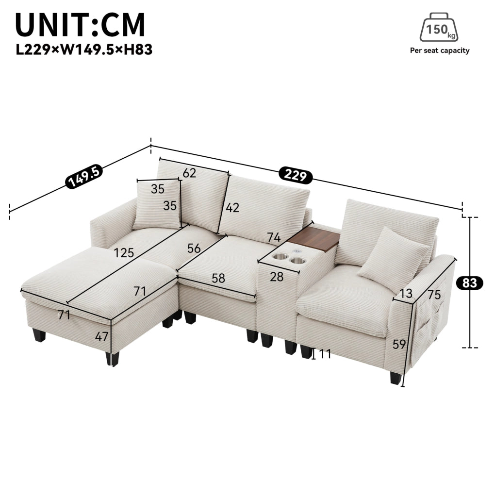 Divano angolare modulare 4 posti con console; 2 USB; portabicchieri e pouf contenitore beige
