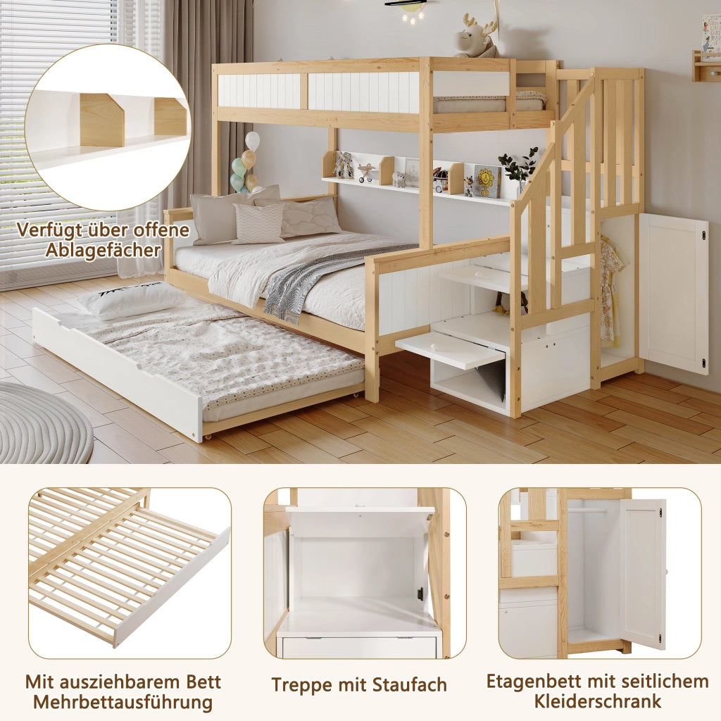 DESMIU Letto a castello per bambini 90 × 200 cm e 120 × 200 cm con letto estraibile, scala, armadio, senza materasso
