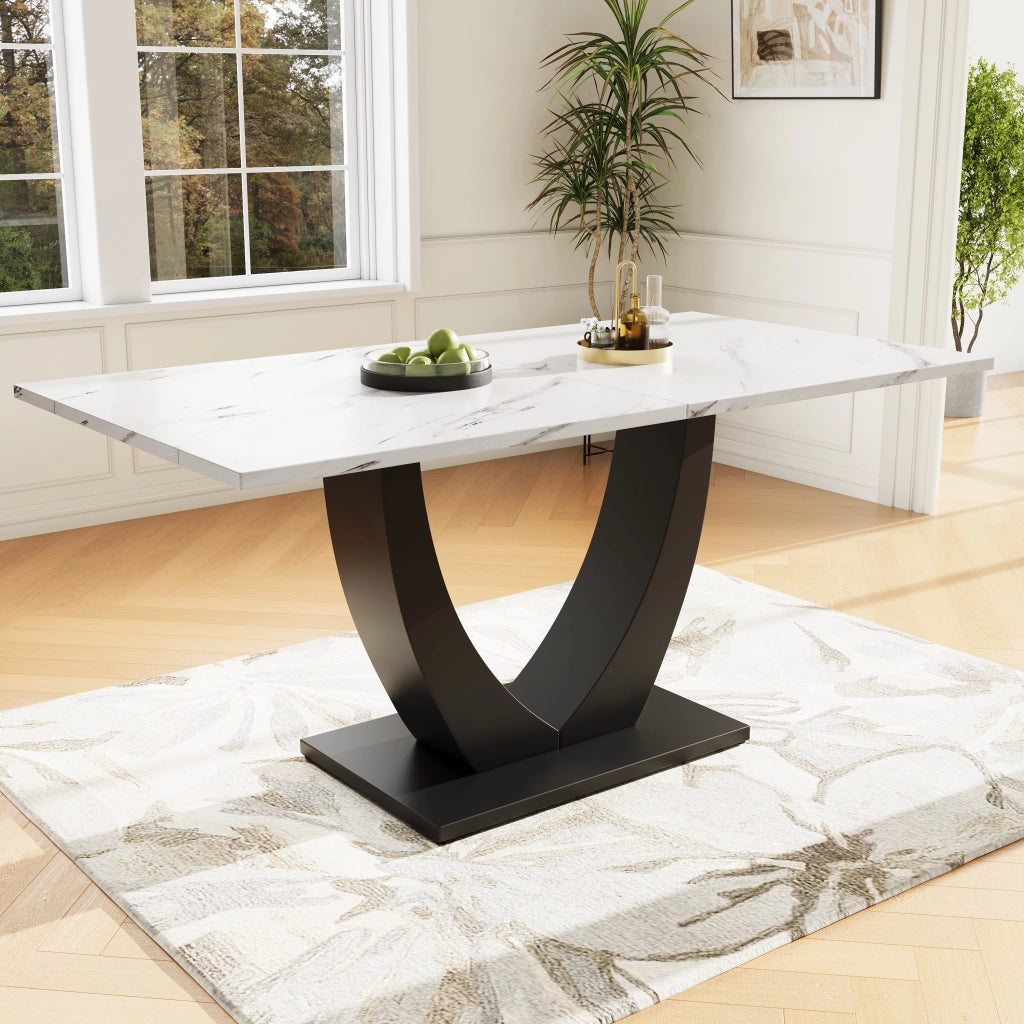 Tavolo da pranzo con piano effetto marmo, struttura in MDF e metallo, per cucina e soggiorno, bianco nero, 140 × 75 × 75,5 cm