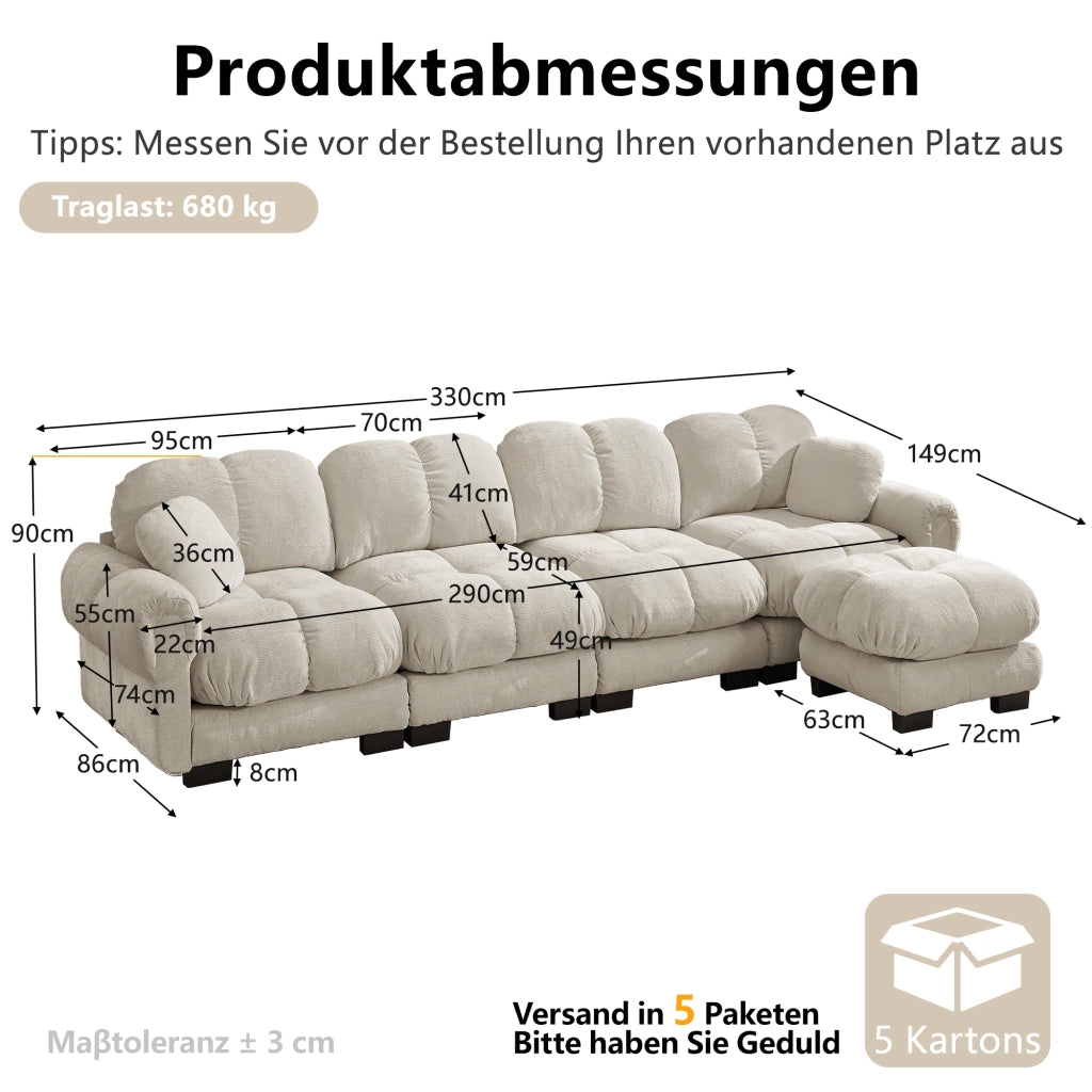Divano angolare modulare 4 posti con pouf mobile; cuciture trapuntate e schienale curvo in ciniglia beige chiaro