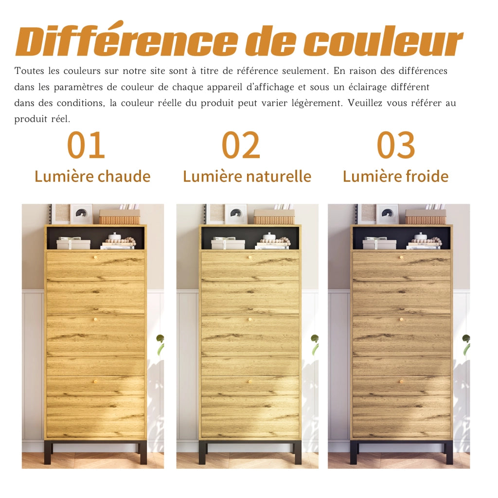 Mobile Scarpiera con 3 Ante a Ribalta e Vani Aperti; Stile Japandi; in MDF; 63×24×147 cm; Naturale