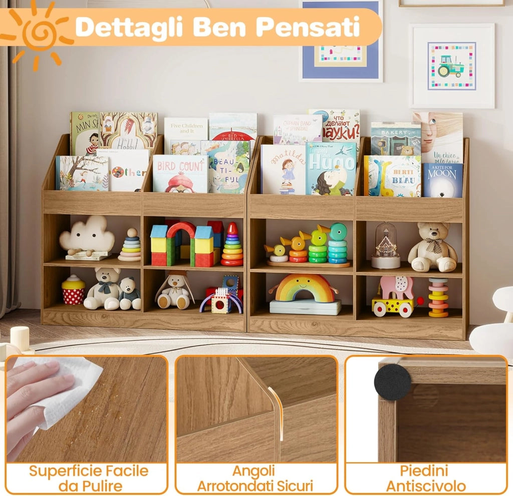 Libreria Montessoriana Porta Libri per Bambini, Scaffale Multifunzione con 4 Cubi e 4 Scomparti, Anti-ribaltamento, Salvaspazio per Cameretta e Stanza dei Giochi, 90x34x80 cm (Naturale)