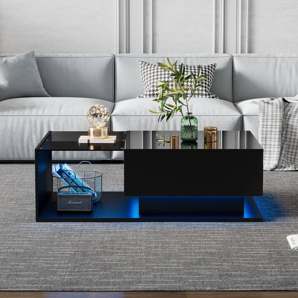 Tavolino da Caff¨¨ con LED e Cassetto ¨C MINIMAL ¨C Nero Lucido, Vetro Temperato, 100x50x32