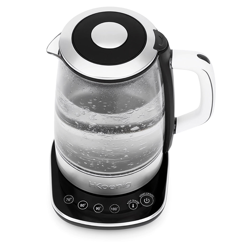 Bollitore elettrico in vetro, 1,5L, regolabile 70-100°C, base girevole a 360°