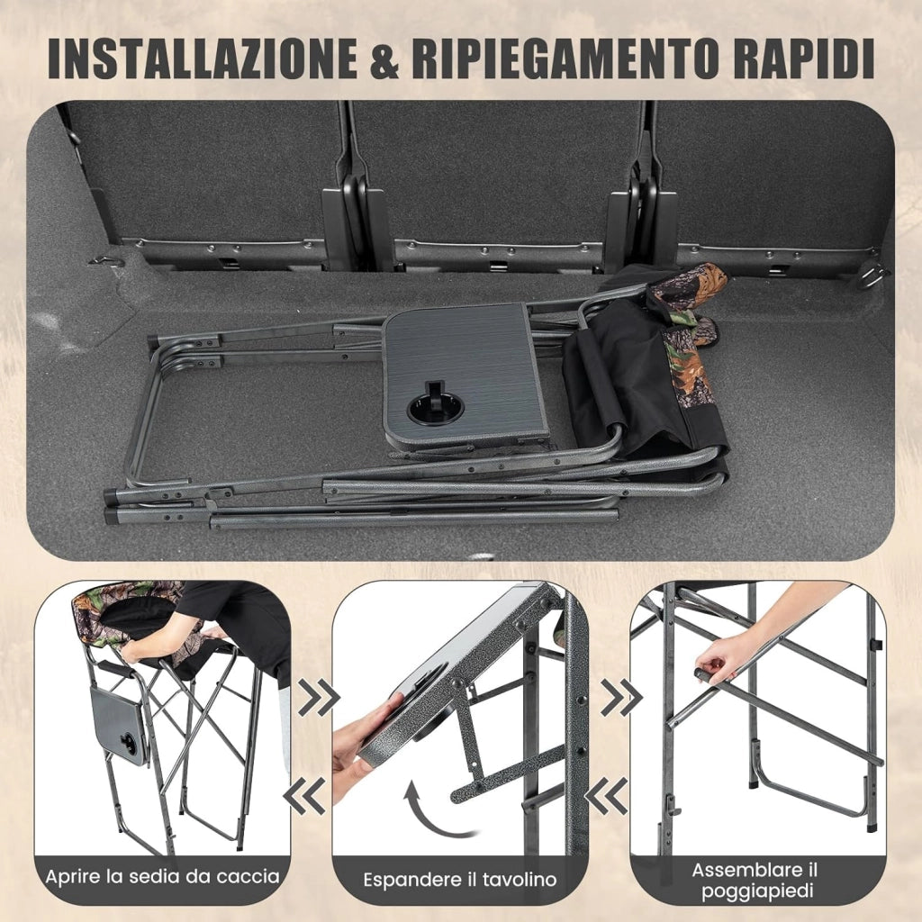Set da Caccia Pieghevole per Esterno, Sedili da Caccia con Braccioli e Schienale, con Poggiapiedi Rimovibile, Tavolino Laterale, Supporto Fino a 150 kg