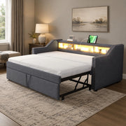 DESMIU Letto estraibile 90/180 × 190 cm 2 posti con LED, USB e ripiani, senza materasso, in lino grigio scuro