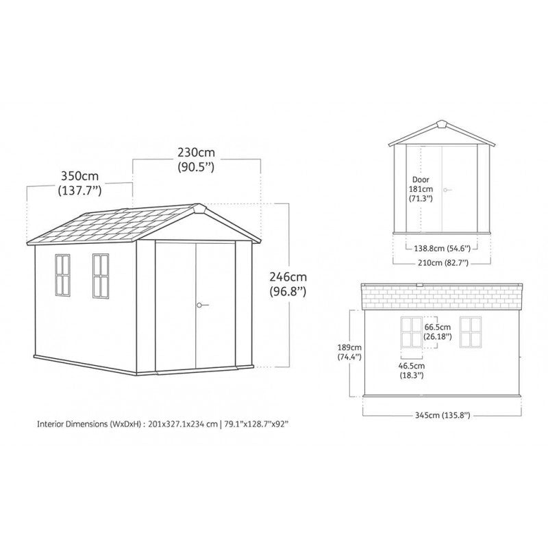 Casetta da giardino in resina EVOTECH+ 350x230 cm - con pavimento e doppia porta - carico neve 150 kg/m² – Newton Plus 7511/1175 - Grigio - Keter