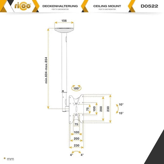 Supporto per televisore 23-42 pollici inclinabile girevole regolabile in altezza - supporto per televisore universale per plafond - fino a 25 kg - VESA 200x200 mm