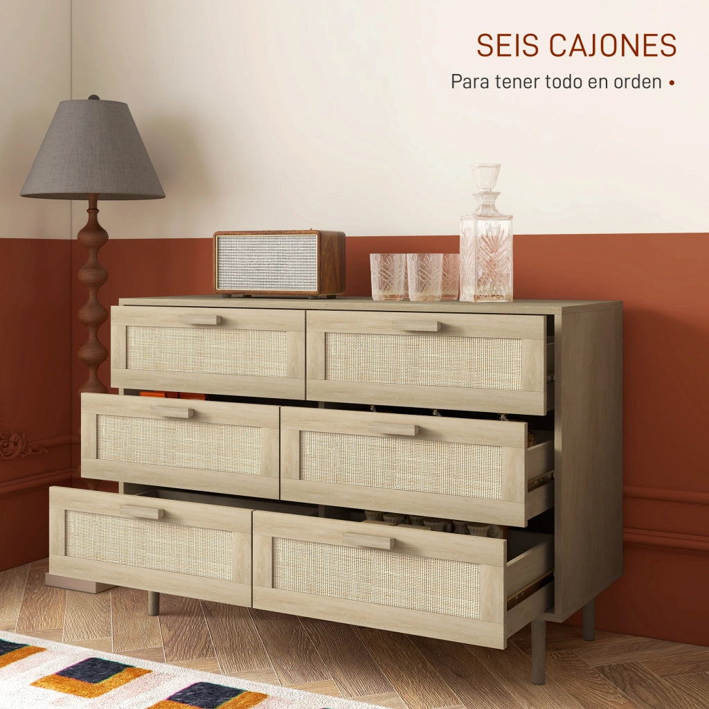 Cassettiera con 6 cassetti frontale in rattan legno stile bohemien ¨C Xylo ¨C rovere 110x40x75 cm
