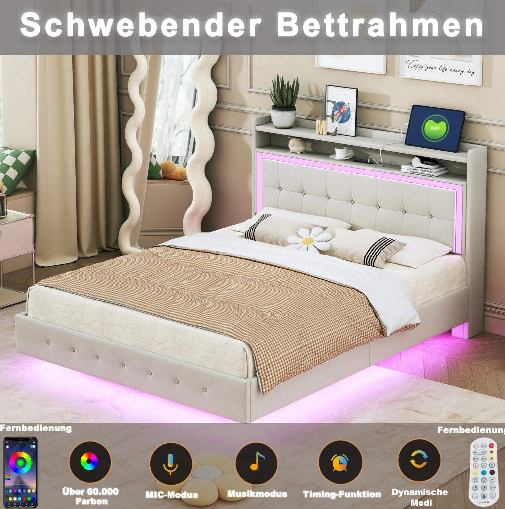 Letto imbottito 140x200 cm beige con USB, LED e vano testata