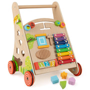 Carrello primi passi per bambini in legno, Girello a spinta con manico contenitore e ruote Multicolore-Primi passi