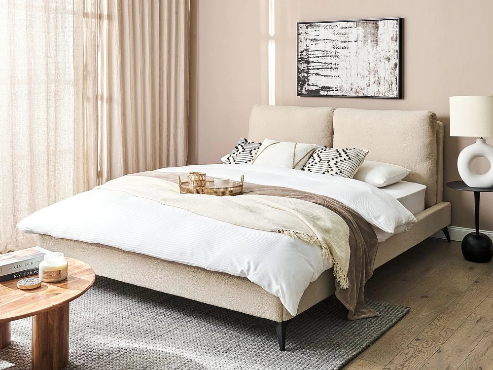 Letto imbottito moderno in bouclè beige 160 x 200 cm con rete a doghe