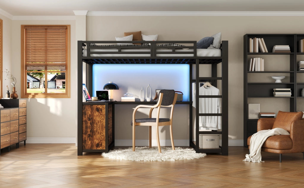 Letto a soppalco 140 × 200 cm con scrivania, LED, stazione di ricarica, armadio aperto, senza materasso, nero