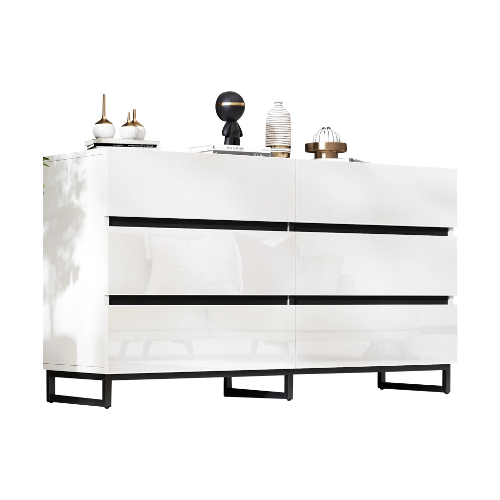 Credenza Soggiorno 140 cm Mobile con 6 Cassetti Bianco e Nero