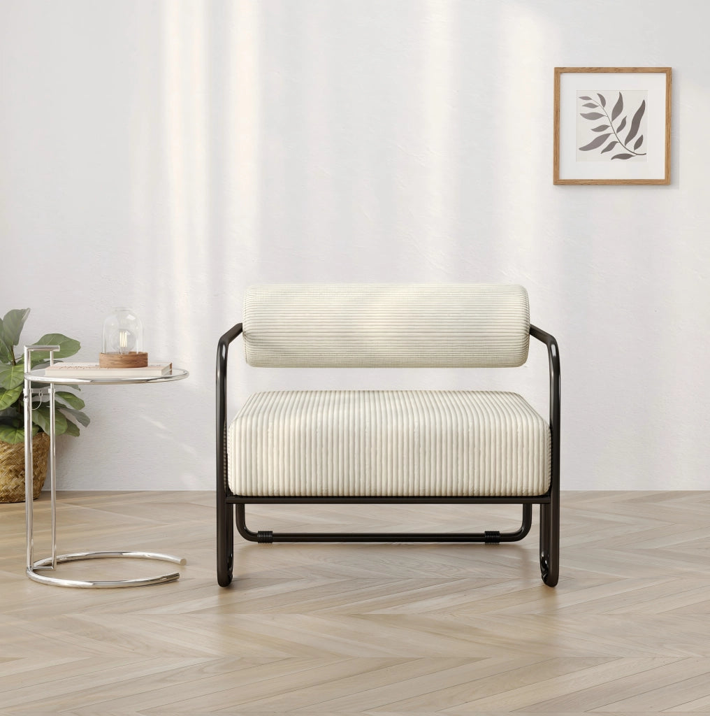 Poltrona da relax beige in velluto a coste con struttura in metallo